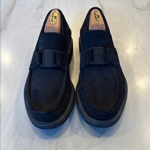 Salvatore Ferragamo Grimes Black Suede Loafers with Rubber Lug Soles - 10EE